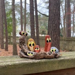 Vintage Painted Rock Driftwood Owl Family